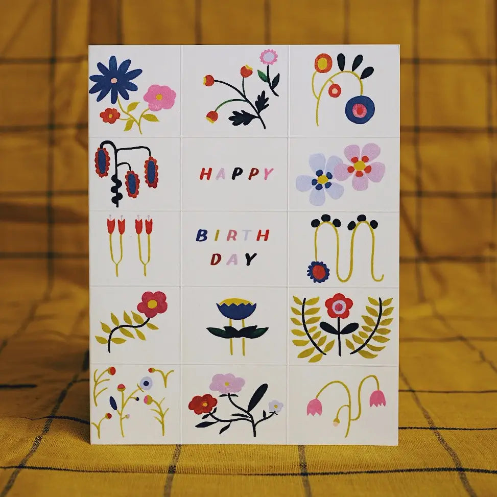 Grid Flower Doodles Birthday Card